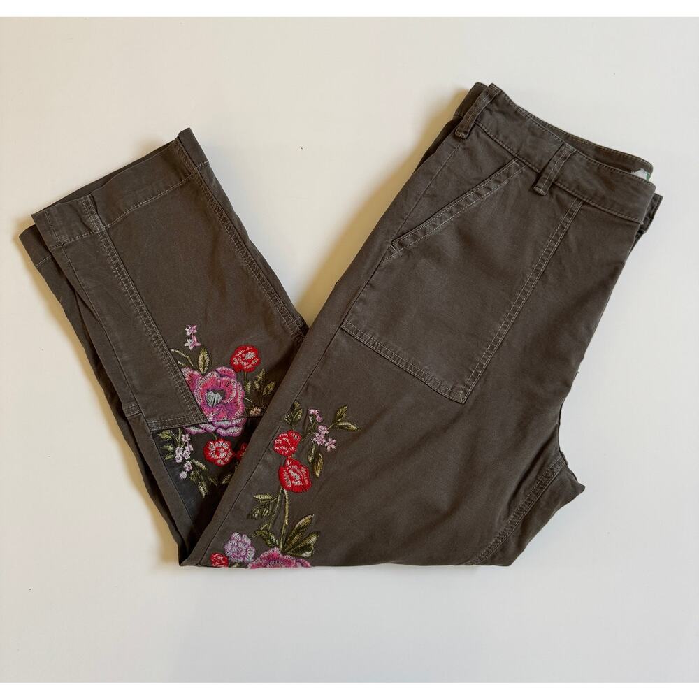Anthropologie Floral Embroidered Utility Pants Size 30 Olive Green Cotton Linen - Picture 6 of 16